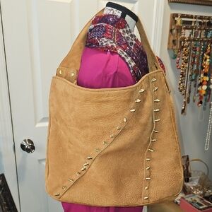 Romygold Suede Leather Tan Tote/Satchel Gold Stud Embellishment, "Punk Rock"